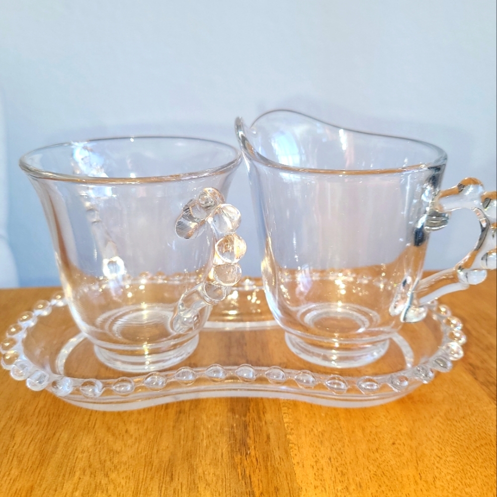 Candlewick set of 3. Cream, sugar and matching tray.